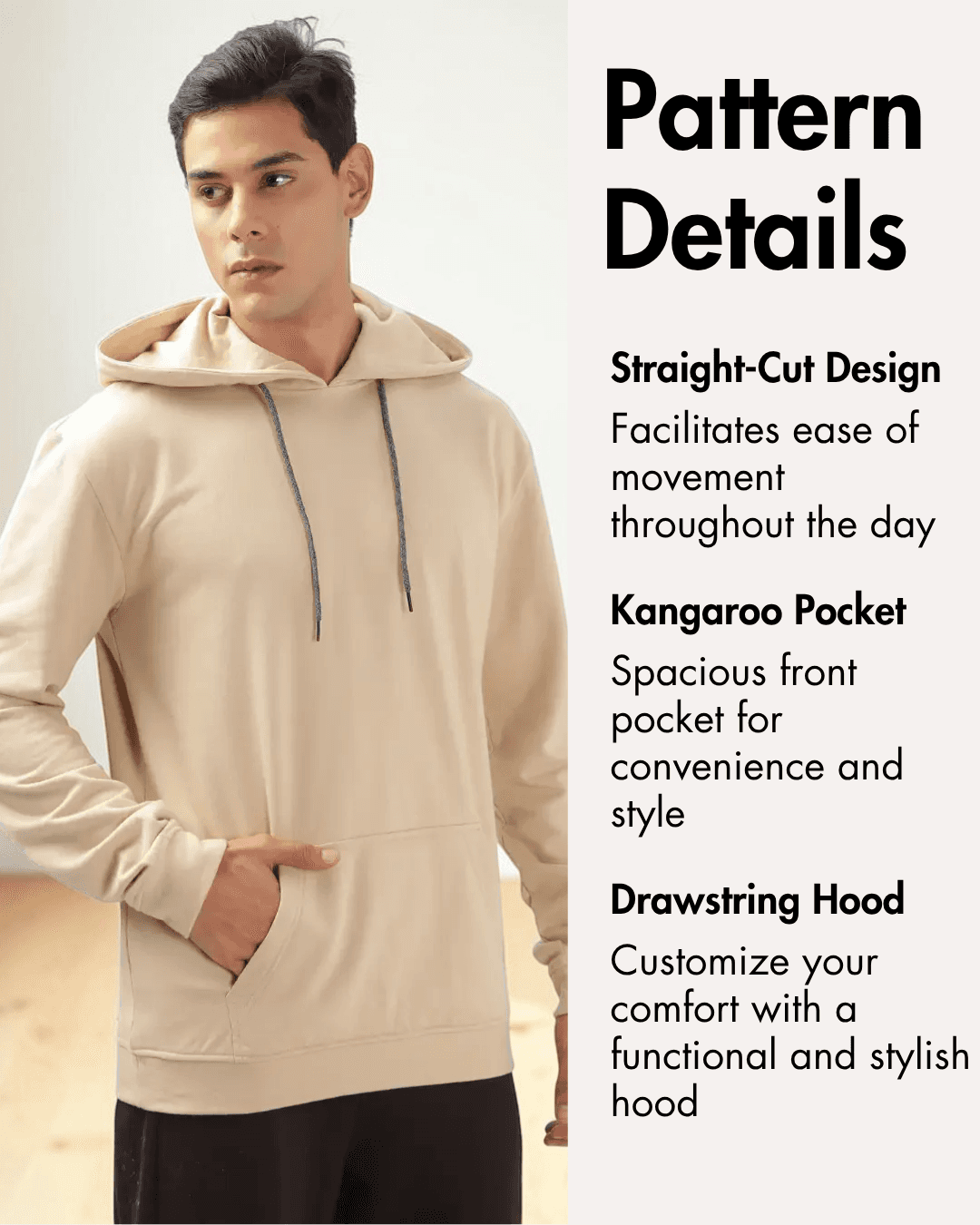  men's hoodie pattern details with straight-cut design and kangaroo pocket