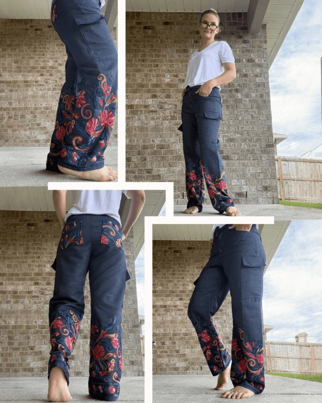 Back view of women's cargo pants with back pockets sewing pattern