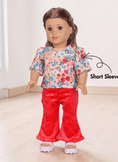 Doll in tropical print top and velvet flared pants front view sewing pattern