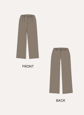 Front and back view of taupe women's wide-leg trousers sewing pattern