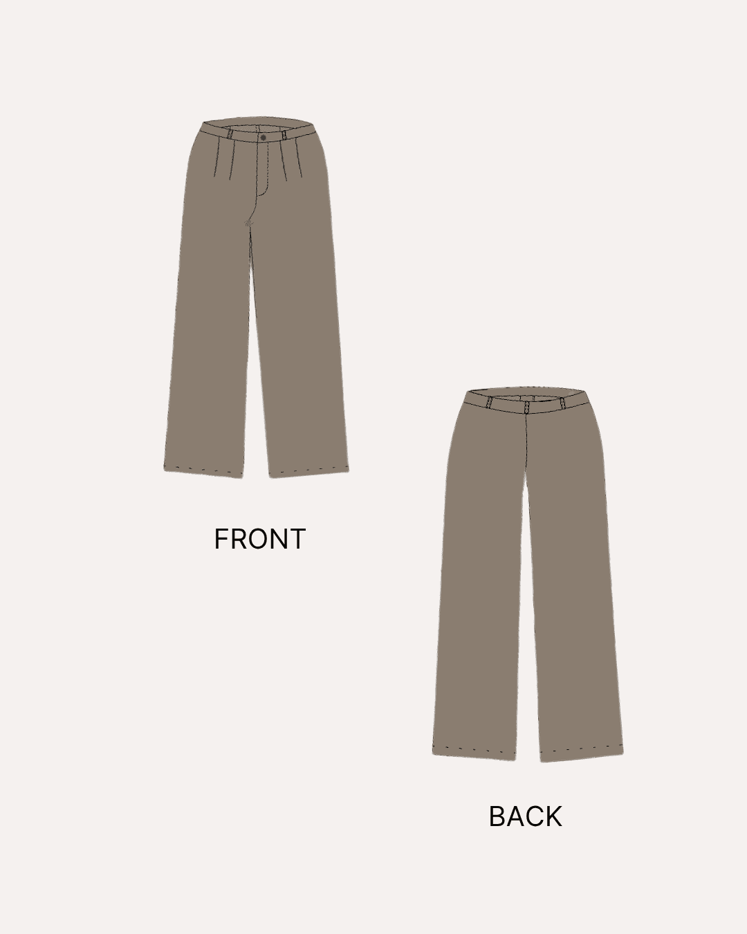Front and back view of taupe women's wide-leg trousers sewing pattern