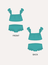 Doll swimwear sewing pattern with ruffled straps and gathered top technical illustrations