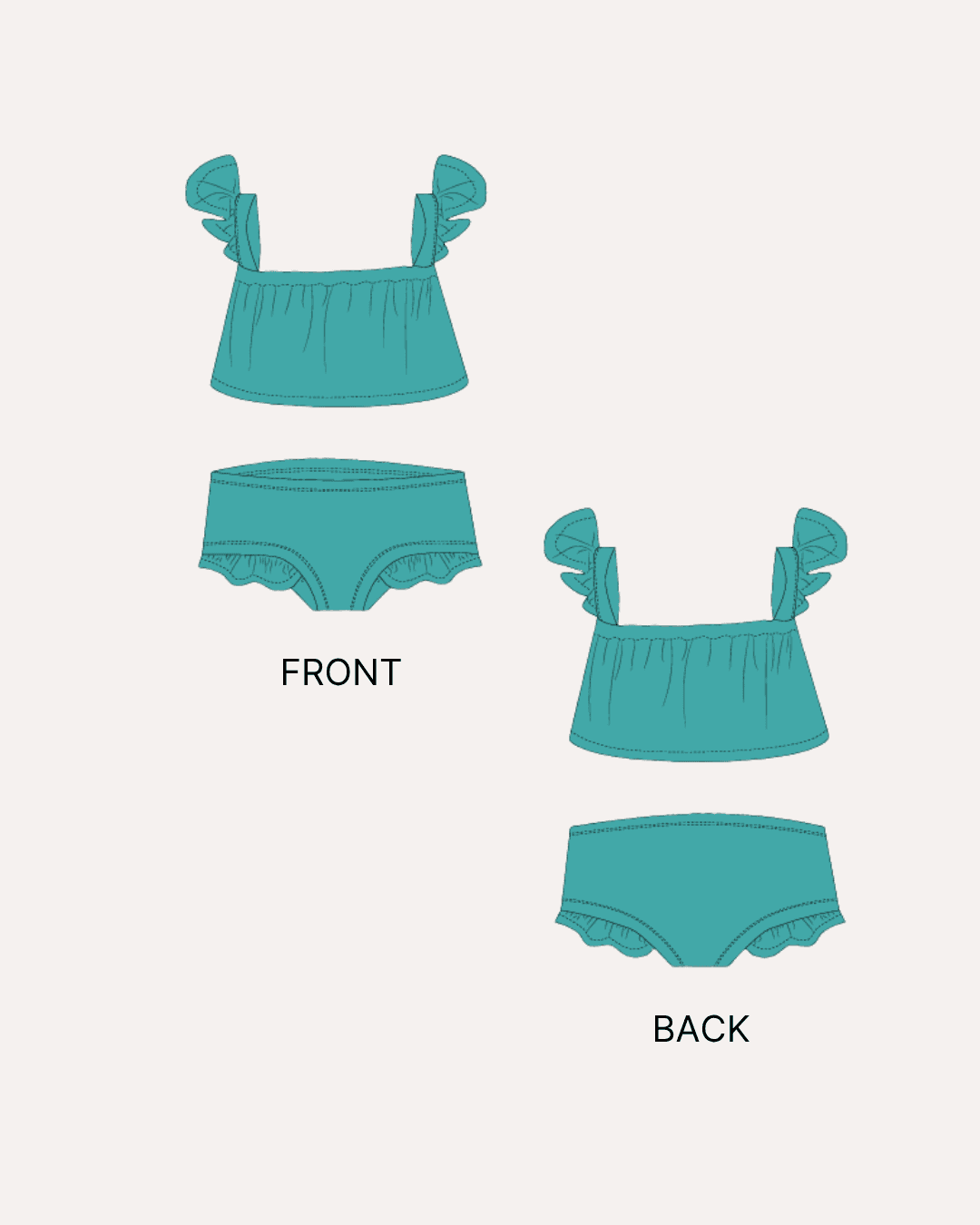 Doll swimwear sewing pattern with ruffled straps and gathered top technical illustrations