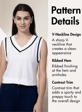 Pattern details for Nadine sweater vest with V-neck and contrast trim