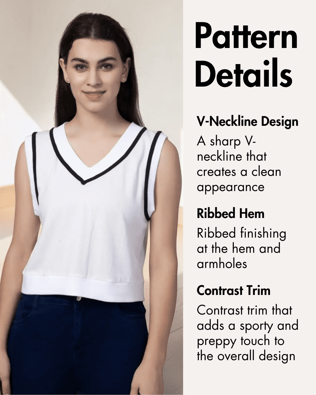 Pattern details for Nadine sweater vest with V-neck and contrast trim