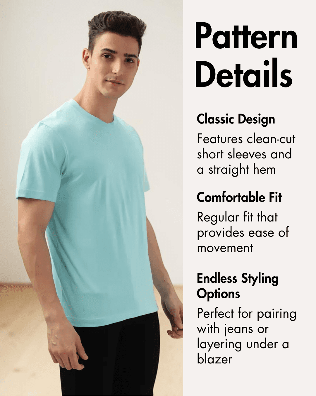 Pattern details of men's turquoise T-shirt sewing pattern 
