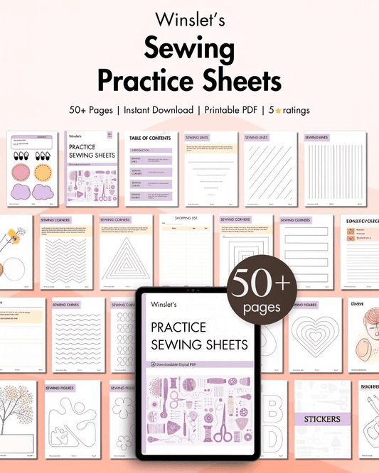 Sewing practice sheets with sewing lines, corners, curves, and figures for mastering sewing basics