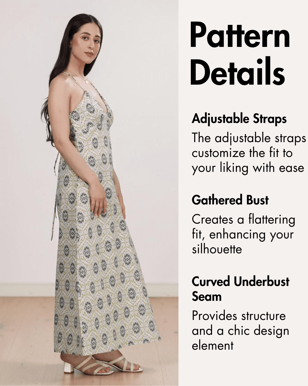 Pattern details showing curved underbust seam for structure
