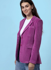 Side view of the Monroe blazer sewing pattern, displaying its sharp lapels and flattering length. Designed for both casual and formal wear.