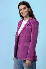 Side view of the Monroe blazer sewing pattern, displaying its sharp lapels and flattering length. Designed for both casual and formal wear.