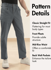 Detailed pattern features of men's formal trousers sewing pattern including classic straight fit, front pleats, mid-rise waist, and back welt pockets