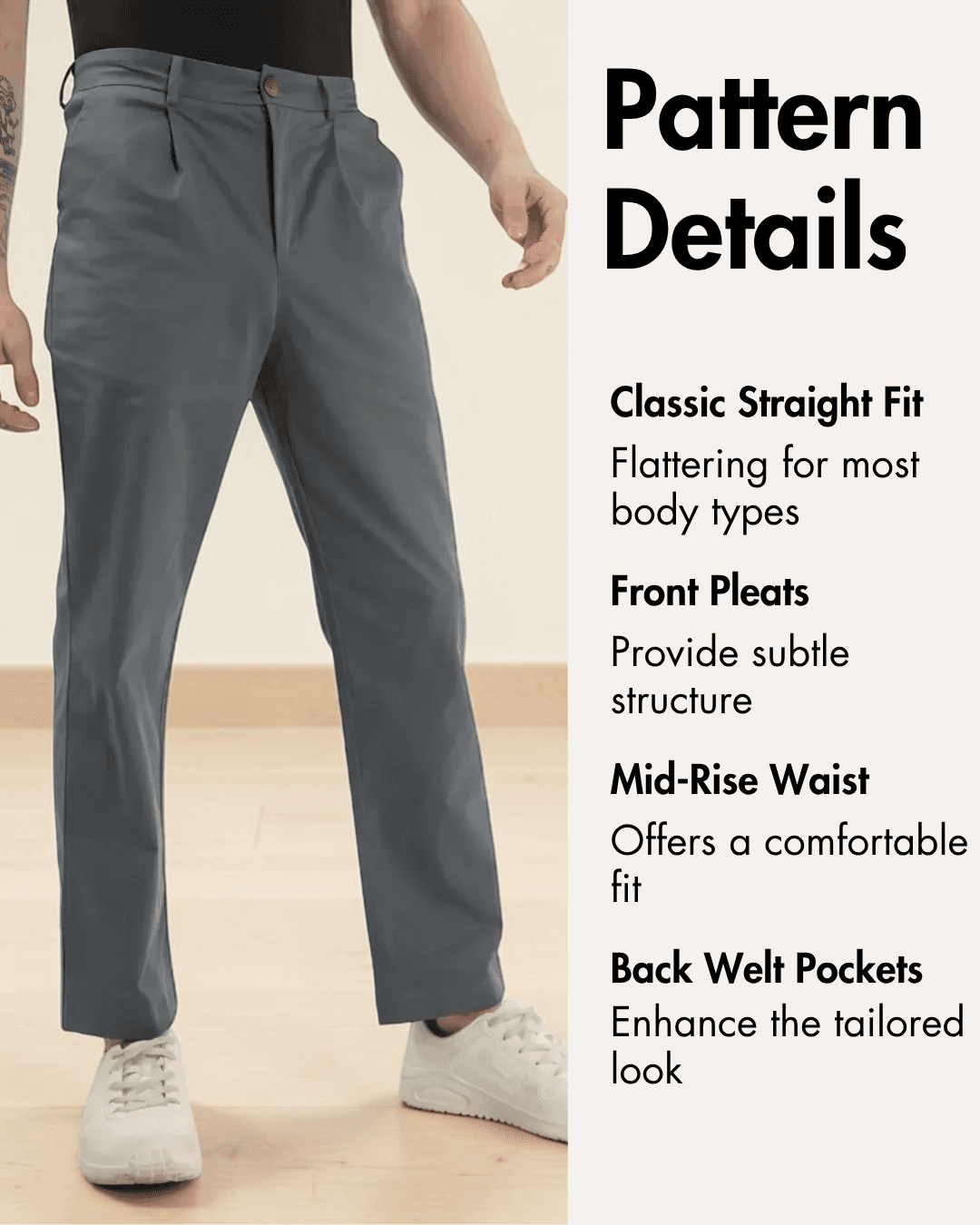 Detailed pattern features of men's formal trousers sewing pattern including classic straight fit, front pleats, mid-rise waist, and back welt pockets