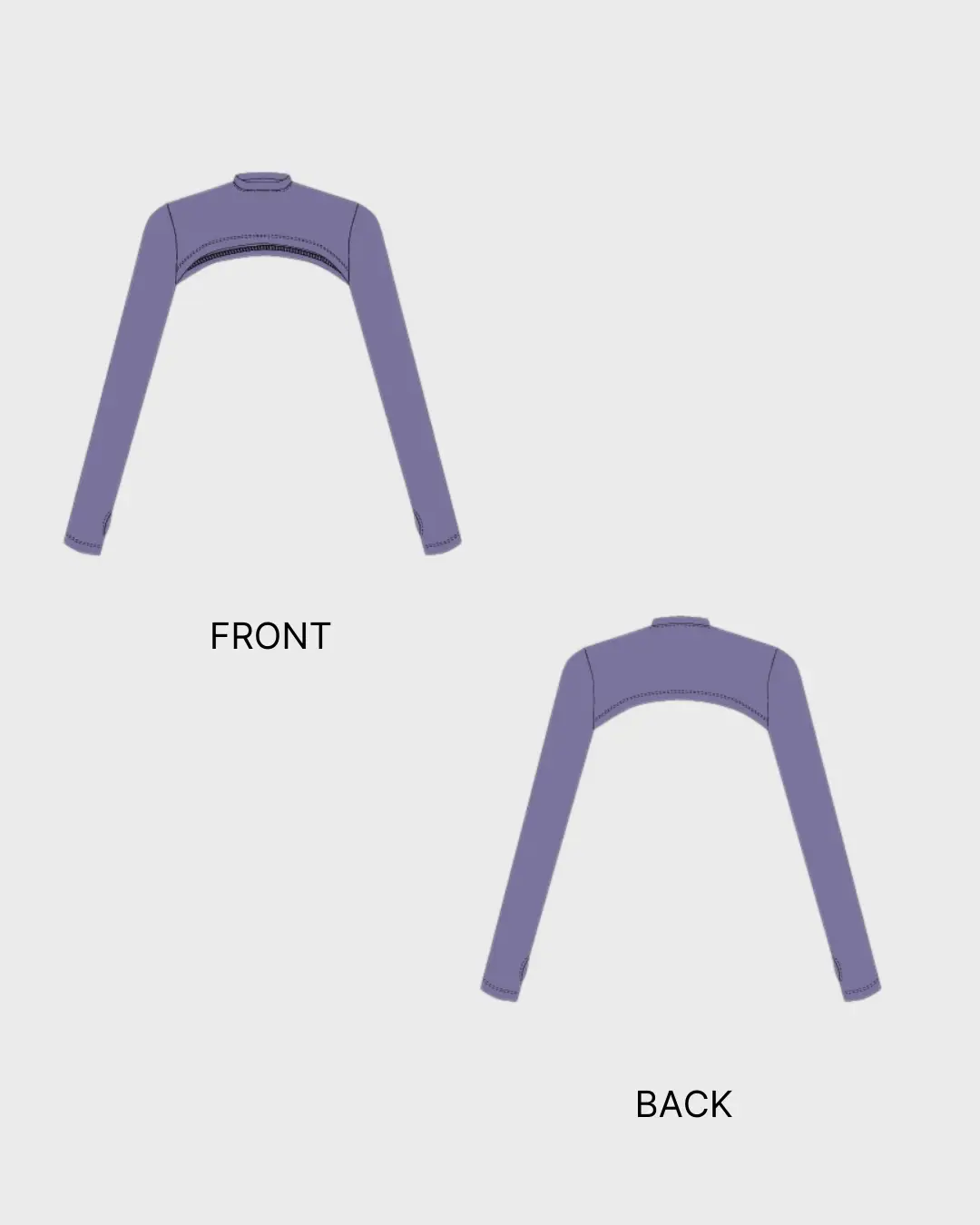 Technical flat sketch of Bolero Shrug Sewing Pattern showing cropped open-front design with long sleeves and thumbhole cuffs, front and back views.