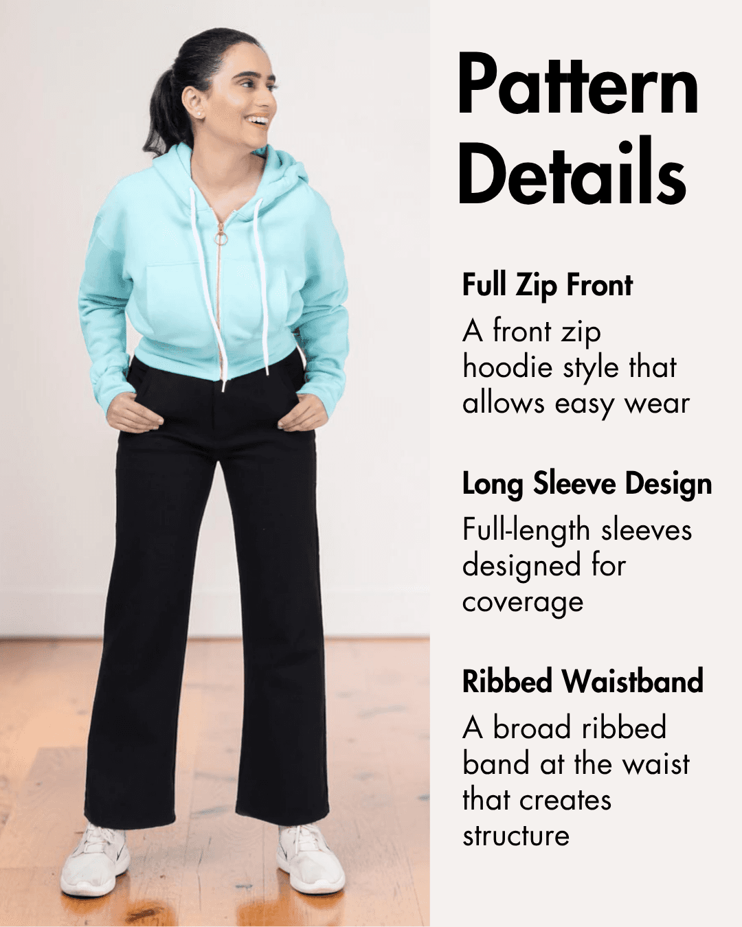 Pattern Details of hoodie pattern details with front, back, and sleeve views