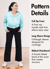 Pattern Details of hoodie pattern details with front, back, and sleeve views