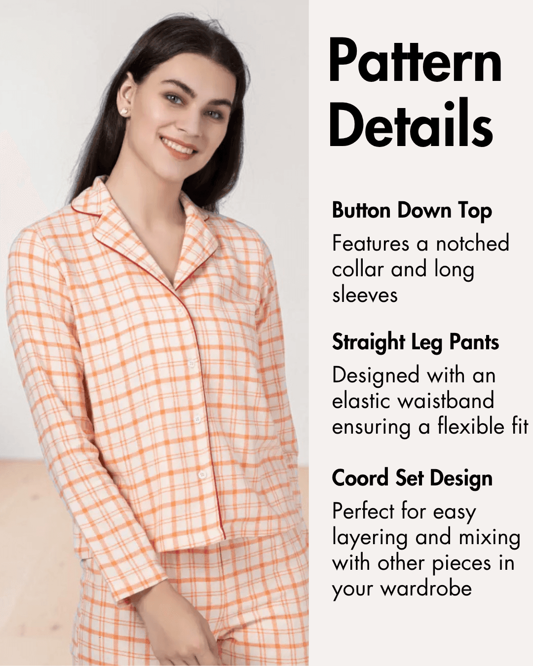 Close-up of peach plaid pajama pattern with button-down top and long sleeves