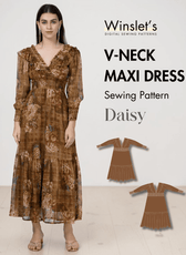 V neck maxi dress sewing pattern with floral and plaid design