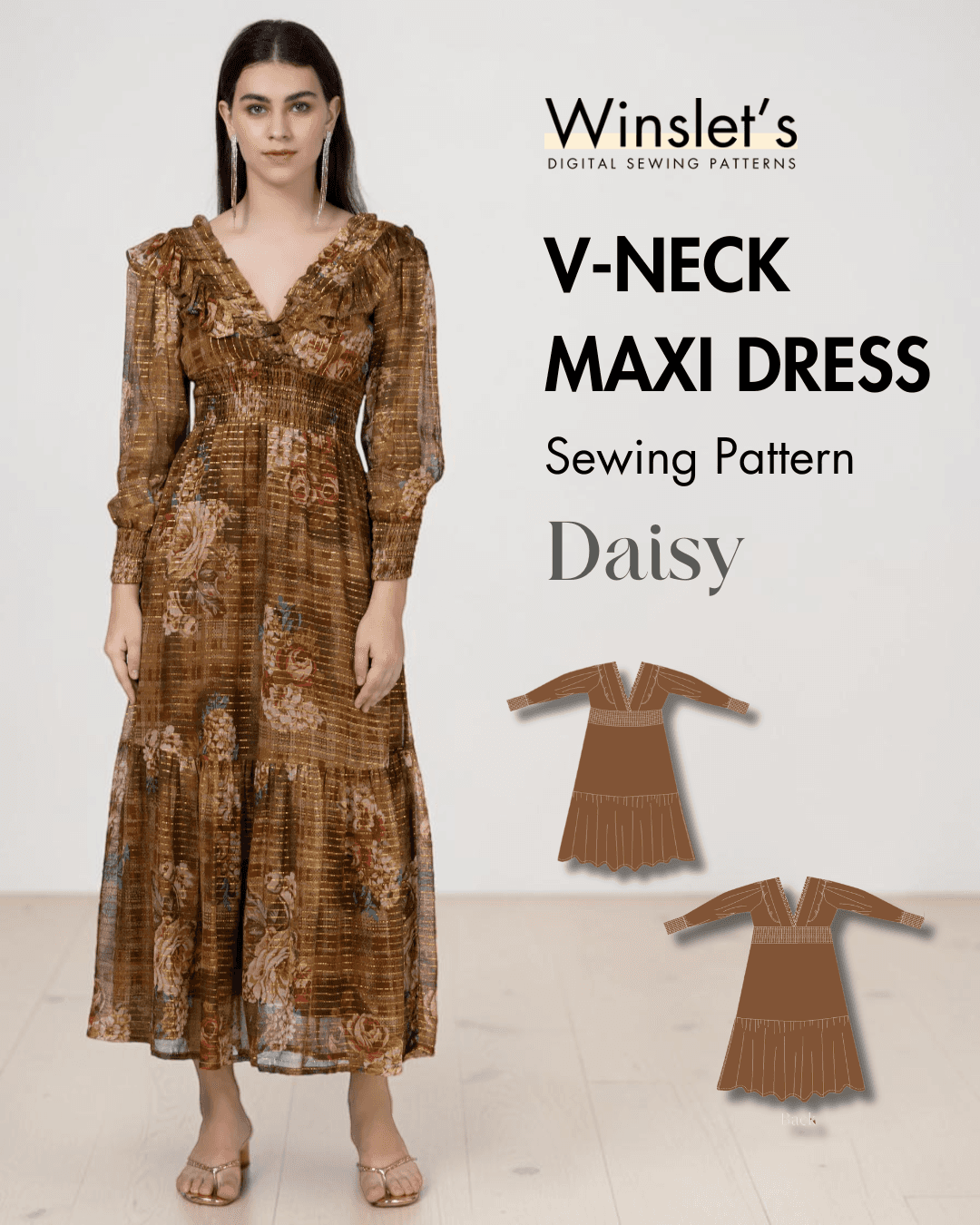 V neck maxi dress sewing pattern with floral and plaid design