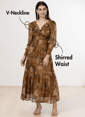 V-neck maxi dress with shirred waist and long sleeves