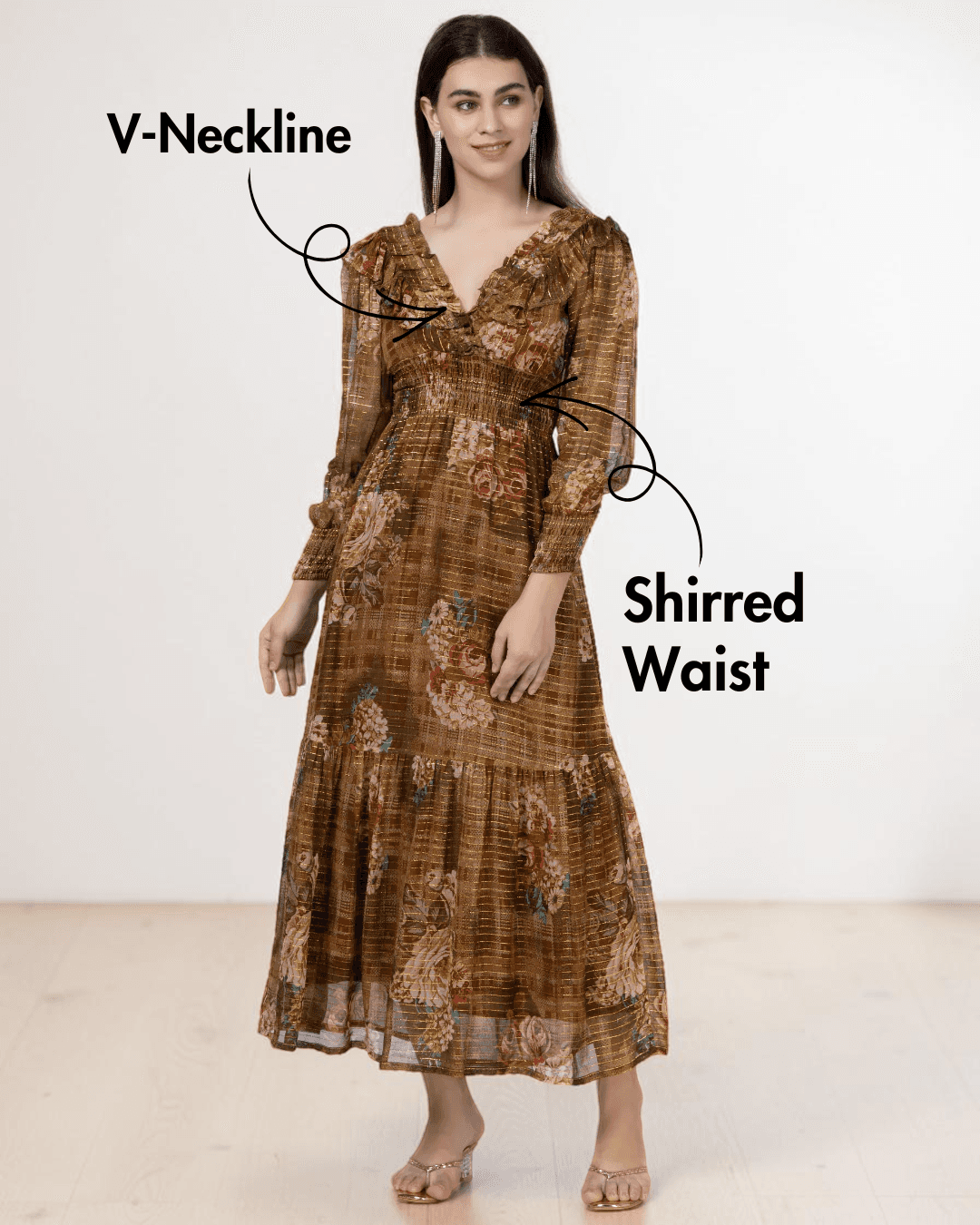 V-neck maxi dress with shirred waist and long sleeves