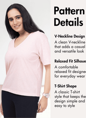 V-Neck T-shirt sewing pattern with front and back views, pink color, casual style, pattern details