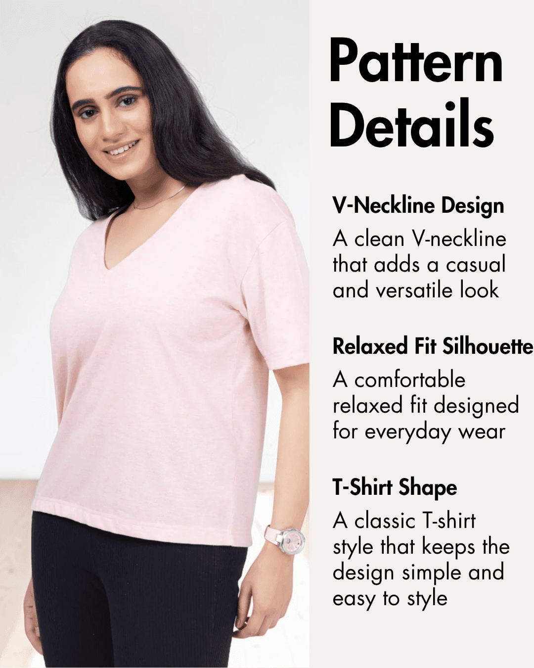 V-Neck T-shirt sewing pattern with front and back views, pink color, casual style, pattern details