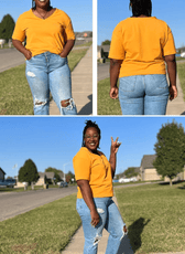 Women in yellow T-shirt with short sleeves, casual outdoor setting
