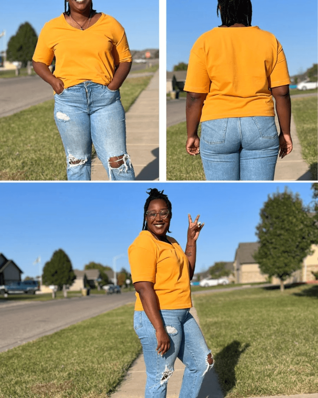 Women in yellow T-shirt with short sleeves, casual outdoor setting