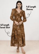 front view of floral tiered maxi dress with ruffled V-neck