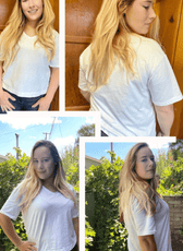 Woman in white T-shirt, back view, casual indoor setting
