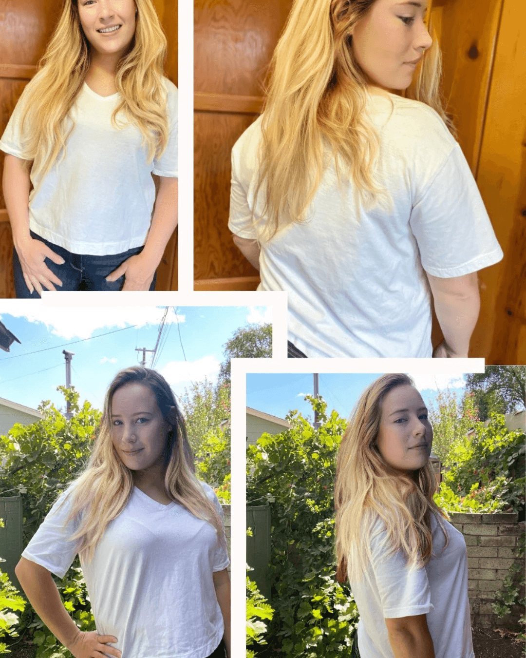 Woman in white T-shirt, back view, casual indoor setting