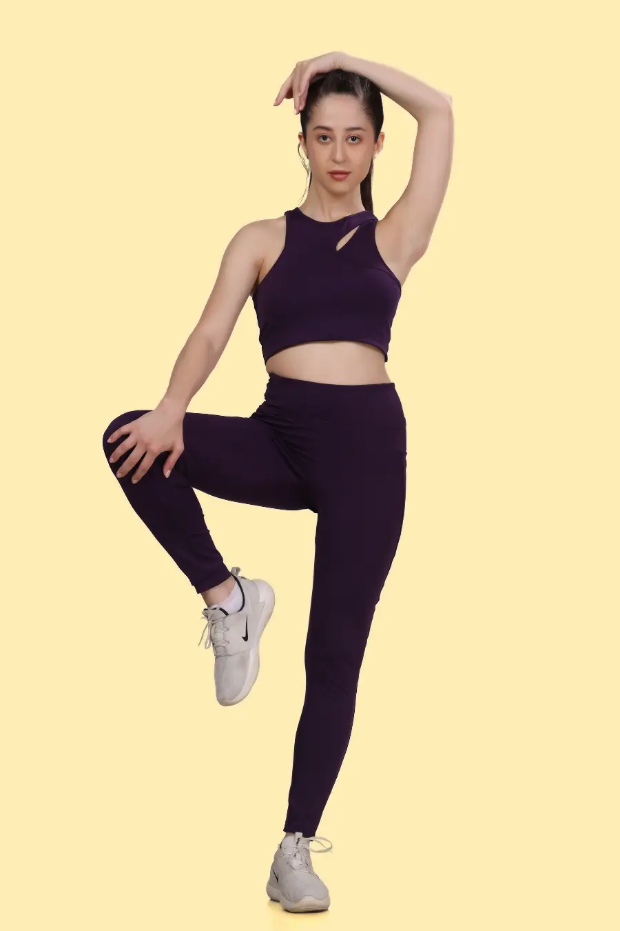 Front view of the 'Layla' activewear coord set, highlighting the cutout sports bra and high-waisted leggings. Ideal for fitness and athleisure wear.
