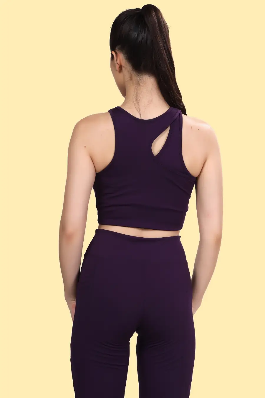 Back view of the 'Layla' activewear coord set, showcasing the unique cutout detail on the sports bra. Designed for comfort and style.