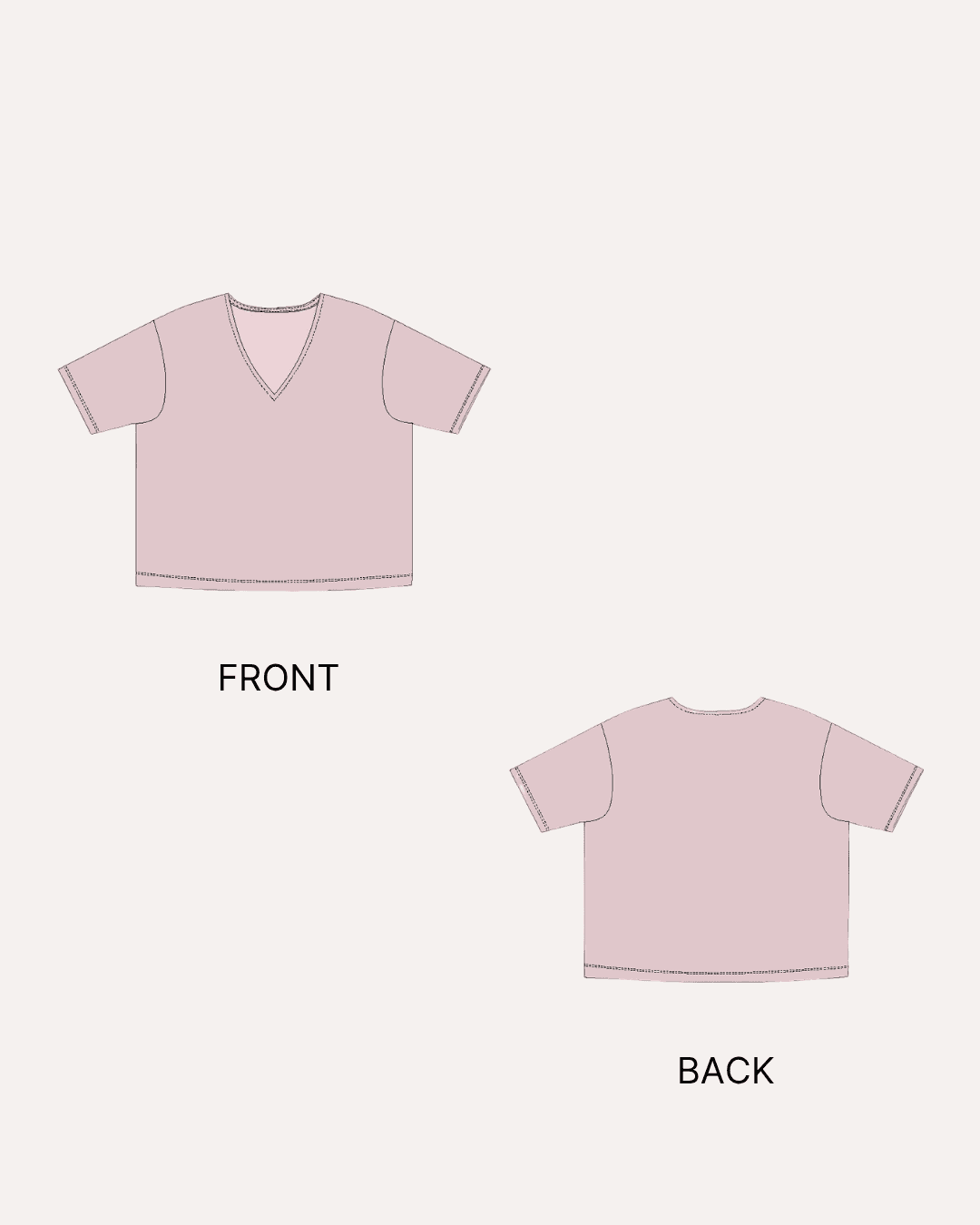 Pattern illustrations for V-neck short sleeves T-shirt PDF, with size guide and sewing instructions