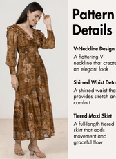 Pattern details of V-neck maxi dress with ruffled neckline and tiered skirt