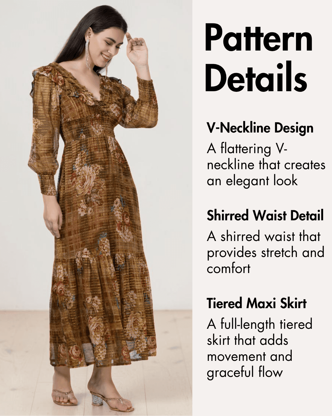 Pattern details of V-neck maxi dress with ruffled neckline and tiered skirt