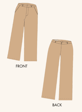 Technical illustration of Maya wide-leg pants sewing pattern, showing front and back views. Perfect for DIY fashion projects.