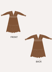 Illustration of front and back views of brown V neck maxi dress sewing pattern 'Daisy' with detailed design elements