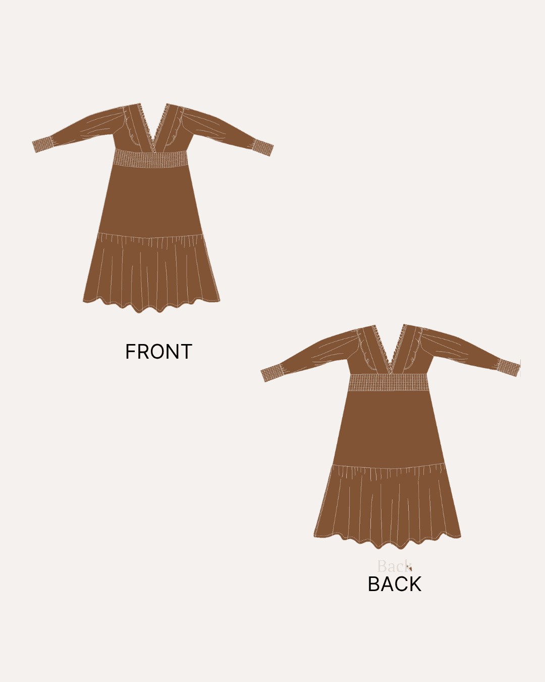 Illustration of front and back views of brown V neck maxi dress sewing pattern 'Daisy' with detailed design elements