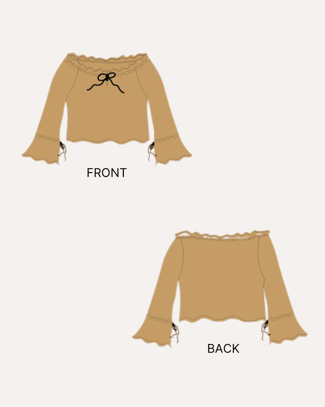 Illustration of pattern details for a peasant blouse with frilled neckline, long sleeves, and flared cuffs