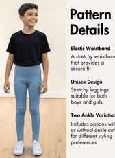 Infographic displaying pattern details for kids' leggings with unisex design, elastic waistband, and options with or without ankle cuffs