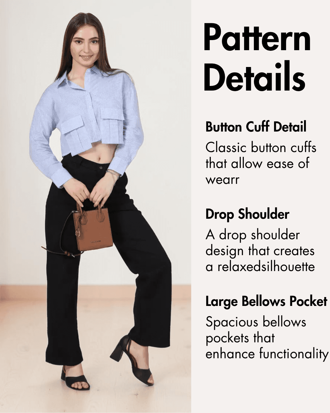 Women wearing blue cropped shirt with large bellows pockets, button cuffs, drop shoulder, and long sleeves