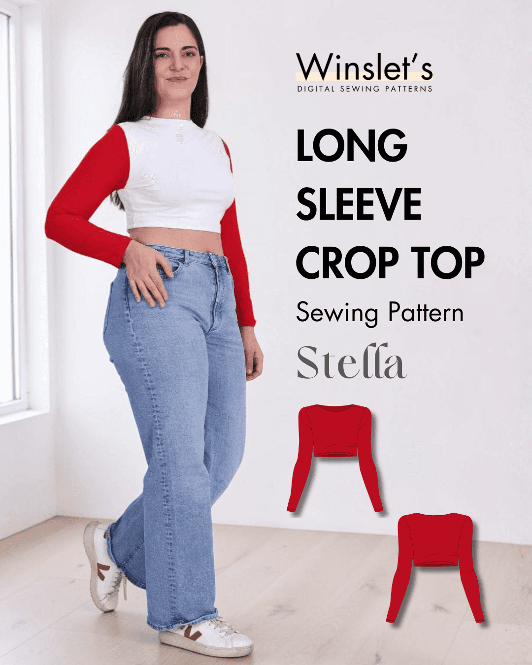 Long sleeve crop top sewing pattern with red and white design
