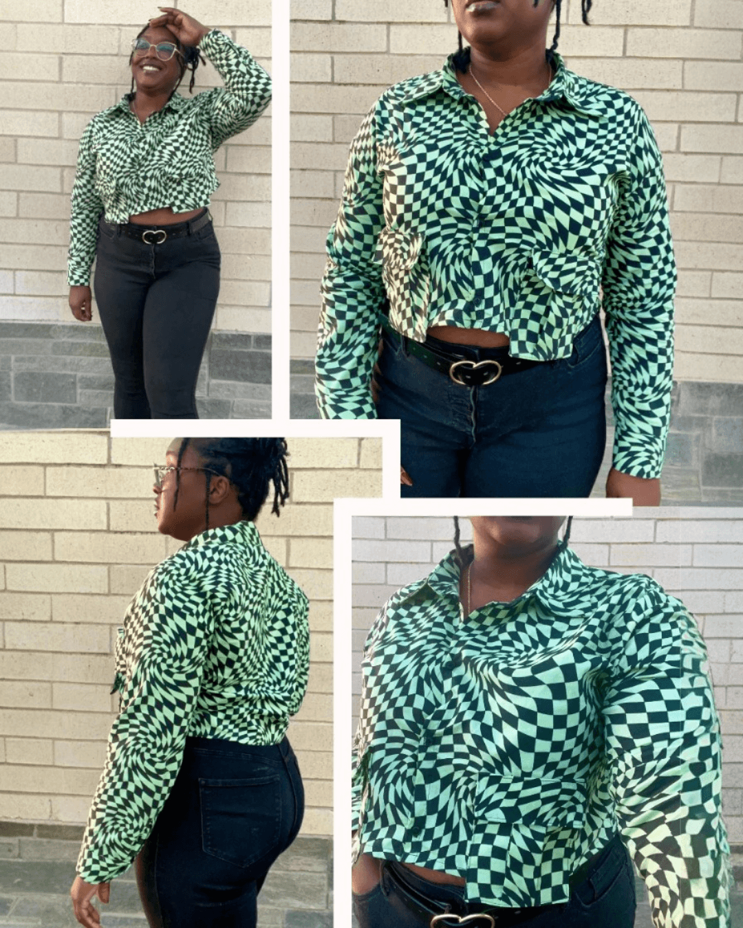 Women in green geometric patterned button-up shirt with cropped style, long sleeves, and high-waisted black pants