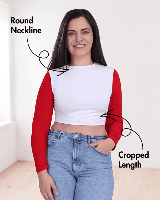Woman wearing long sleeve crop top with round neckline and cropped length