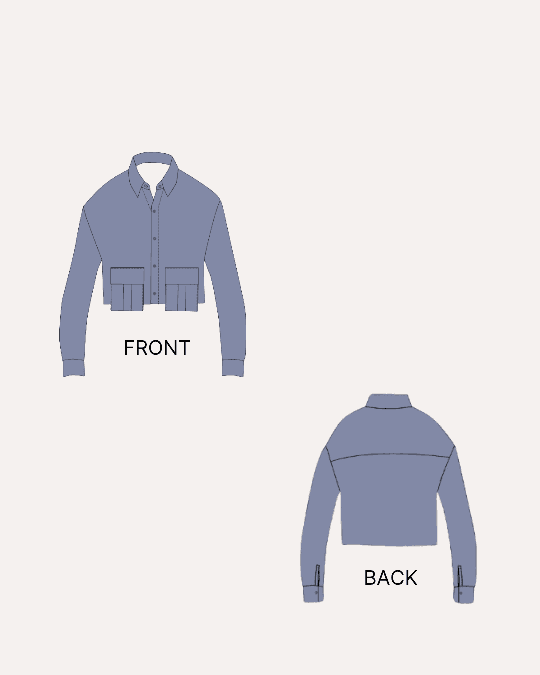 Technical sewing pattern diagram of front and back views of a shirt with detailed pattern highlights