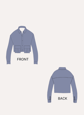 Technical sewing pattern diagram of front and back views of a shirt with detailed pattern highlights