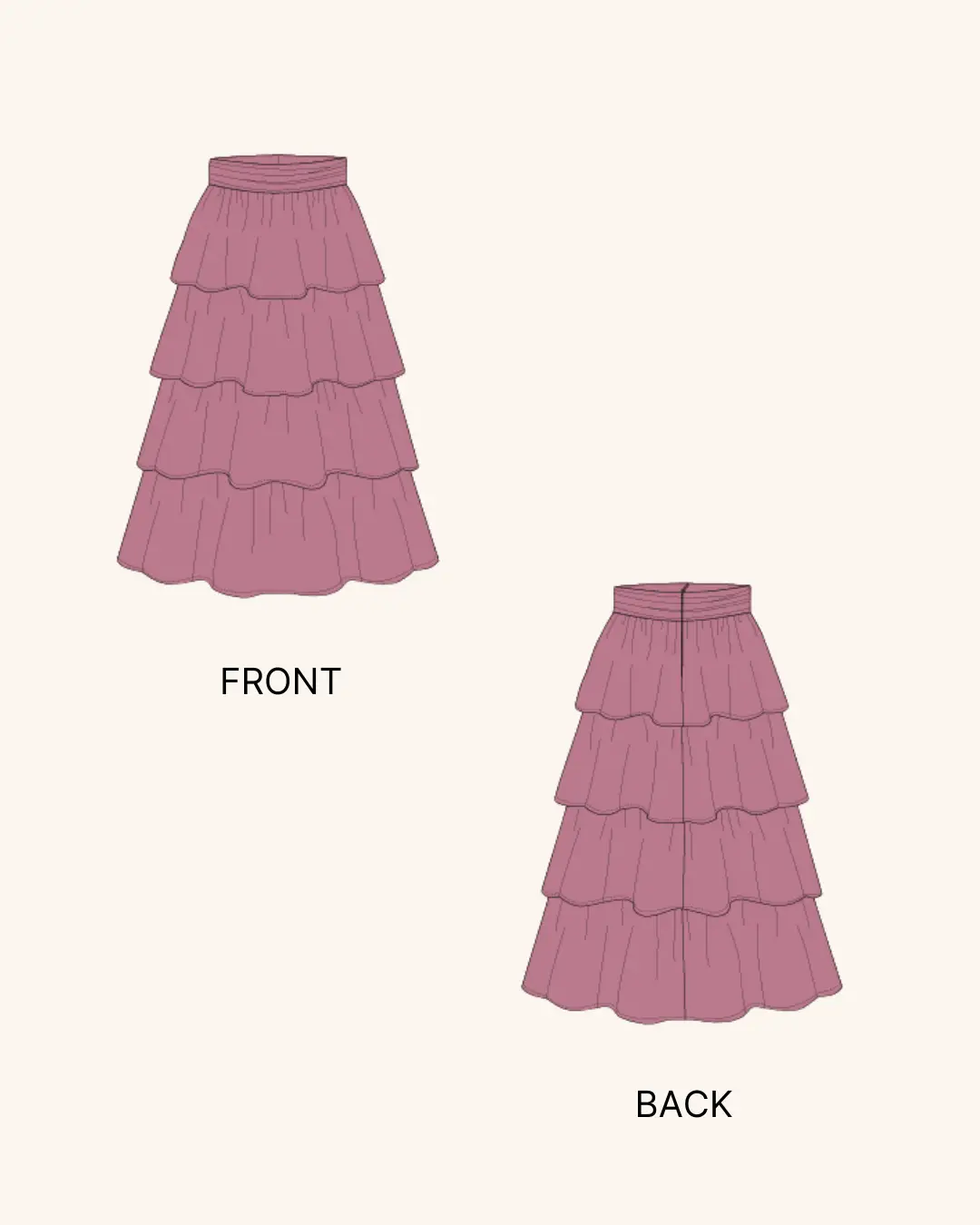 Illustration of front and back views of the Ruffled Tiered Skirt Sewing Pattern 'Amy' with four cascading ruffle tiers in a midi length.