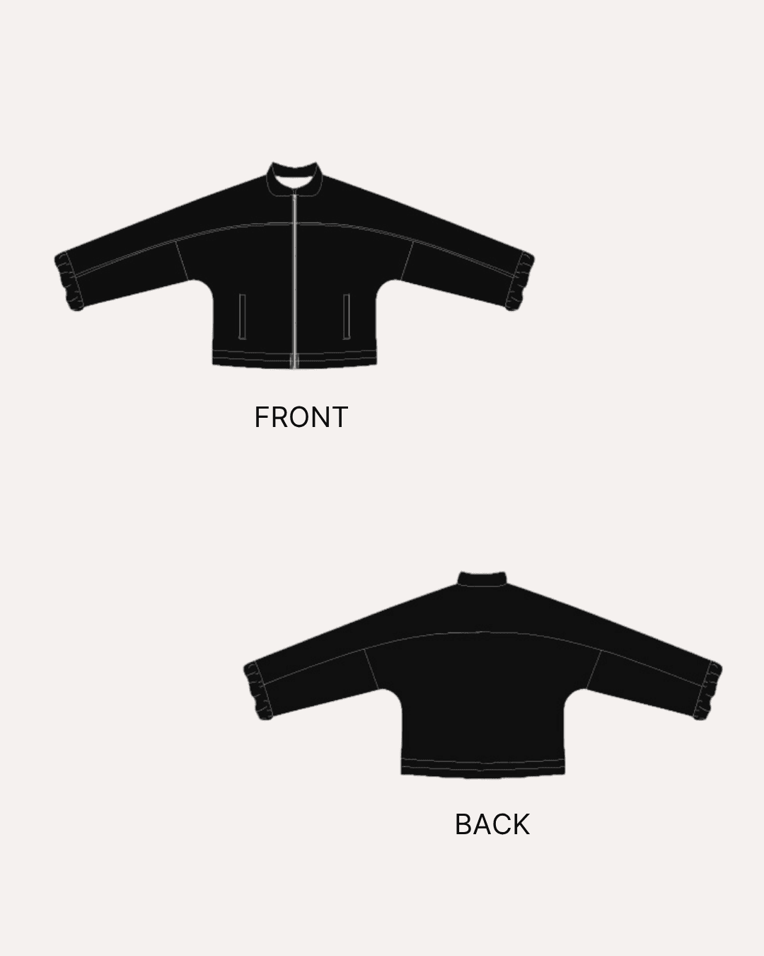 Black windbreaker jacket front and back sewing pattern illustrations for Naomi windbreaker