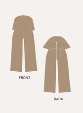 front and back view of tan wide-leg jumpsuit sewing pattern
